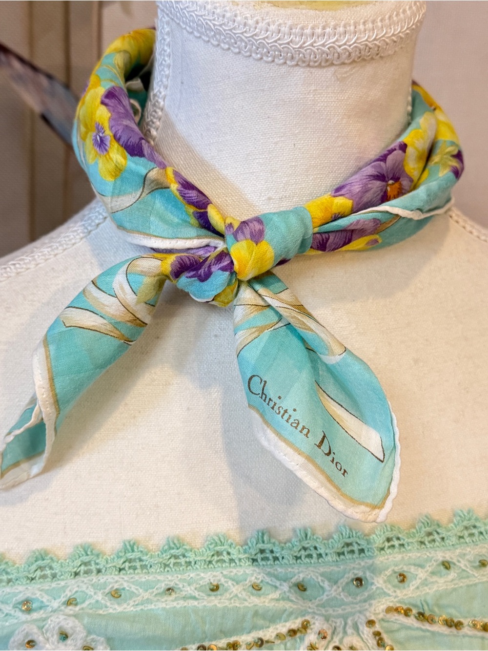 Christian Dior Floral Silk Neck Scarf in Aqua & Yellow